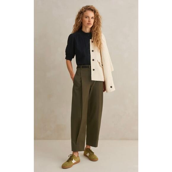 ME+EM Olive Green Cotton-Blend Tapered Pleat Pant Trousers 2 Cropped - Picture 1 of 13